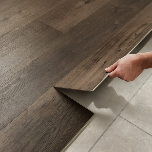 Close up of click lock flooring installation over tile