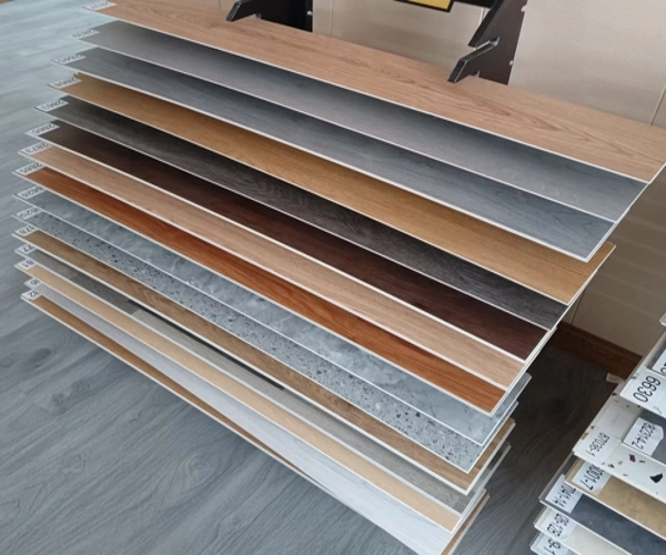 Display rack of various PVC flooring samples.