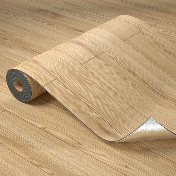 Durable wood-look PVC roll flooring being unrolled