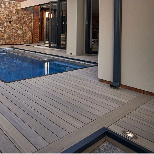 Waterproof WPC flooring installed on outdoor pool deck