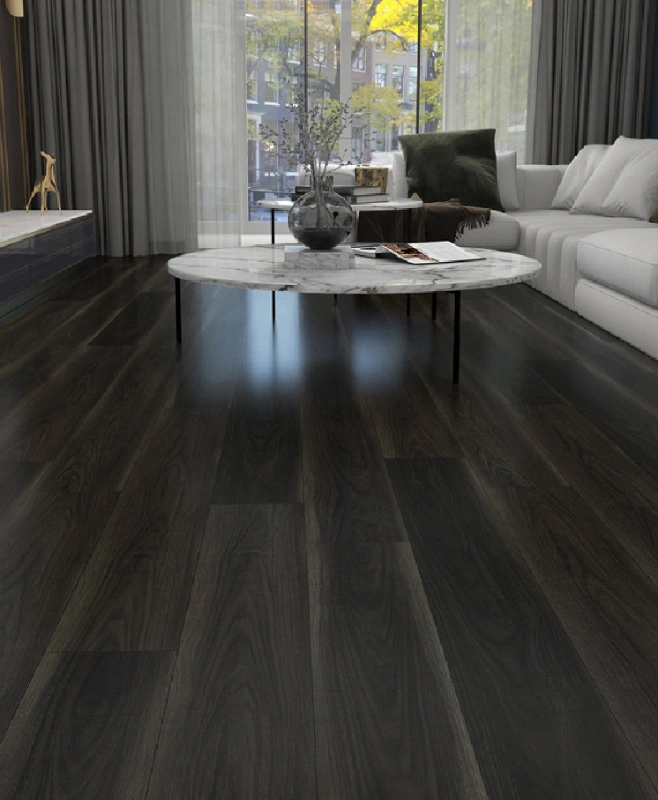 Modern bedroom featuring grey oak spc flooring paired with a forest-themed wall mural.
